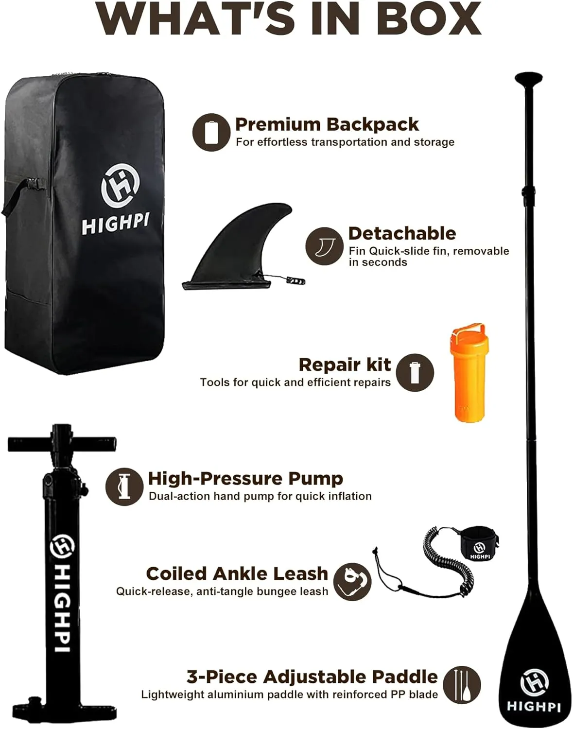 Highpi Inflatable Stand Up Paddle Board Premium SUP Accessories, Backpack, Wide Stance, Surf Control, Non-Slip Deck, Leash, Paddle and Pump, Standing Boat for Youth and Adult