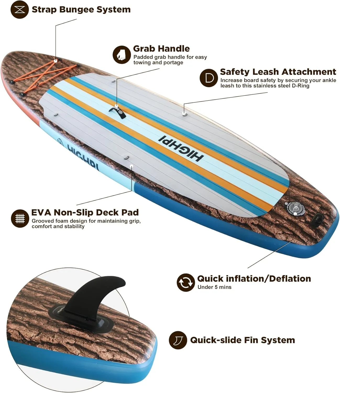 Highpi Inflatable Stand Up Paddle Board Premium SUP Accessories, Backpack, Wide Stance, Surf Control, Non-Slip Deck, Leash, Paddle and Pump, Standing Boat for Youth and Adult