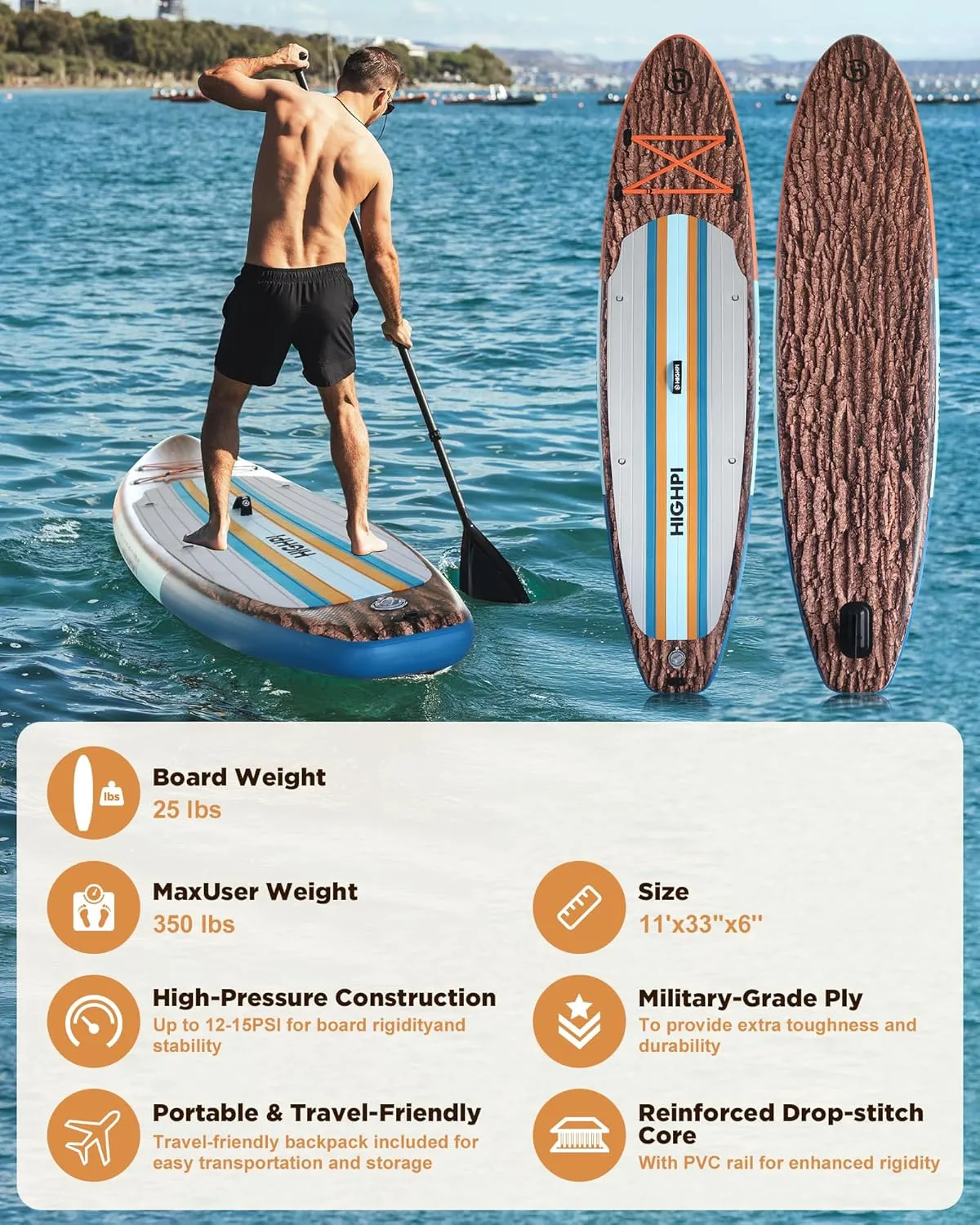 Highpi Inflatable Stand Up Paddle Board Premium SUP Accessories, Backpack, Wide Stance, Surf Control, Non-Slip Deck, Leash, Paddle and Pump, Standing Boat for Youth and Adult