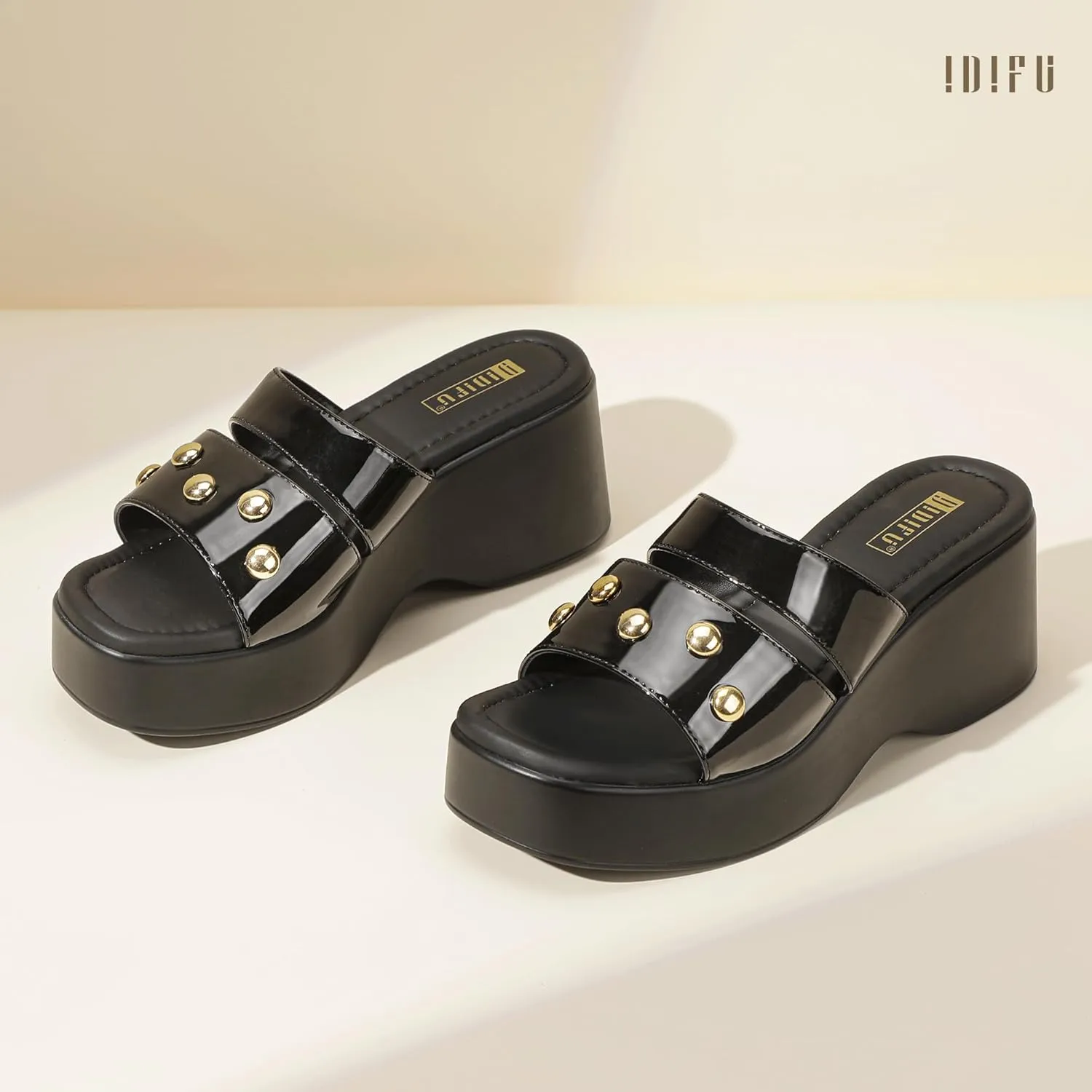 IDIFU IN3 Platform Sandals with Rivets Wedge Sandals for Women Comfortable Square Open Toe Slides Slip On Chunky Sandals Dressy Casual Summer Beach Walking Party Fashion Lightweight Wedges Sandals