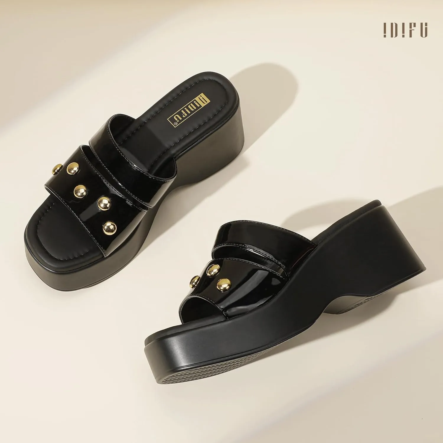 IDIFU IN3 Platform Sandals with Rivets Wedge Sandals for Women Comfortable Square Open Toe Slides Slip On Chunky Sandals Dressy Casual Summer Beach Walking Party Fashion Lightweight Wedges Sandals