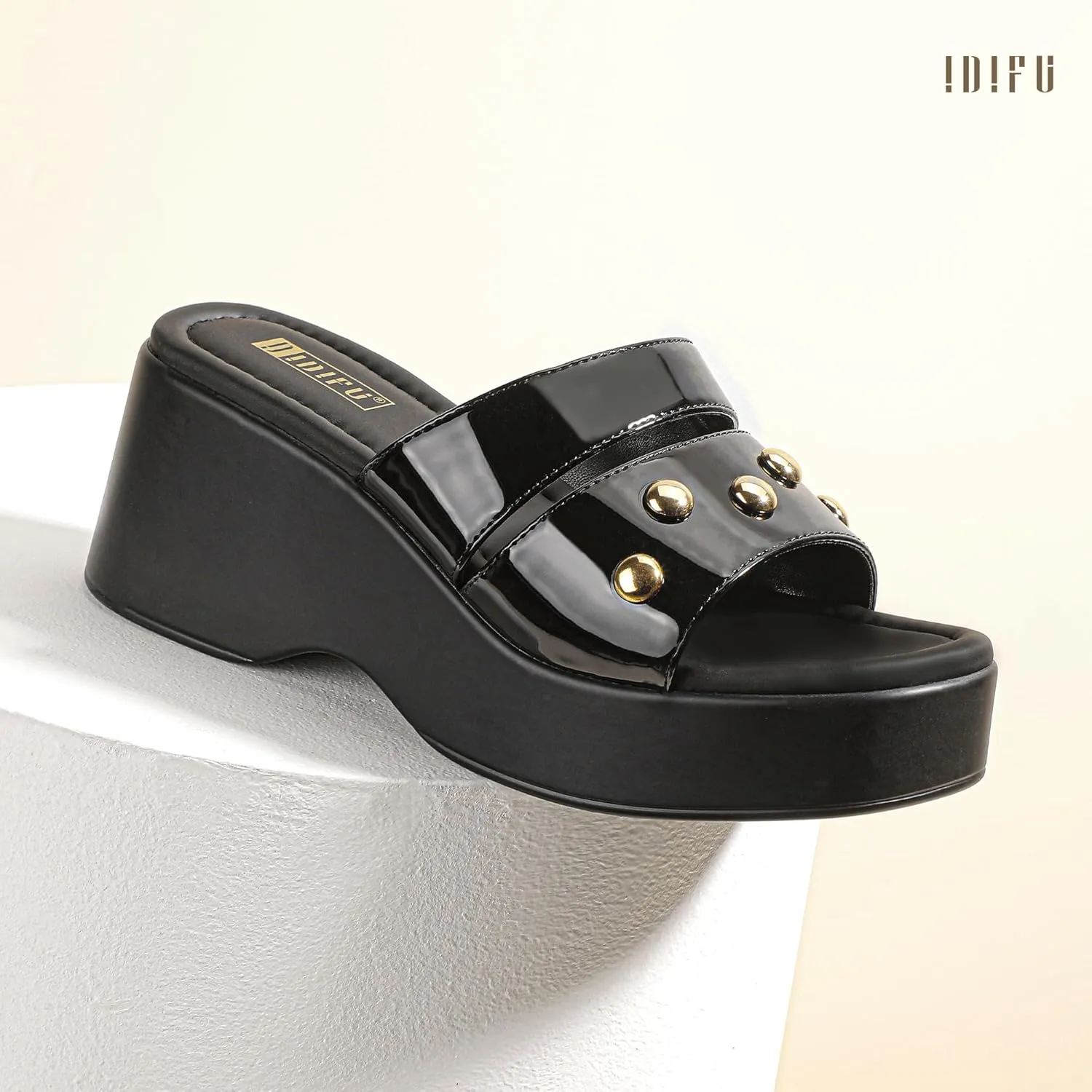 IDIFU IN3 Platform Sandals with Rivets Wedge Sandals for Women Comfortable Square Open Toe Slides Slip On Chunky Sandals Dressy Casual Summer Beach Walking Party Fashion Lightweight Wedges Sandals