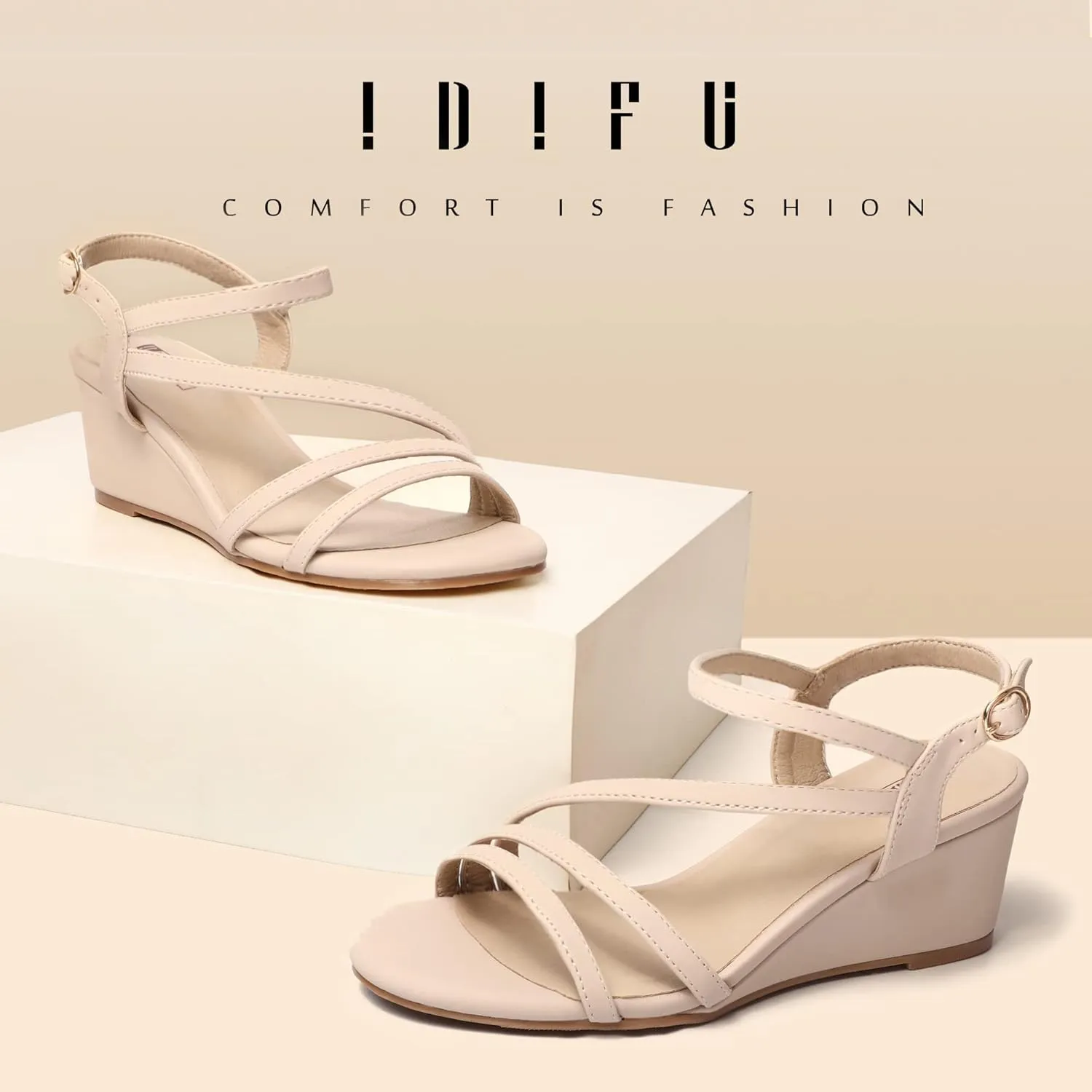 IDIFU Women's Wedge Heel Sandal Dress Low Strappy 2 Inch Open Toe Wedding Bridal Shoes for Woman Ladies Evening Formal