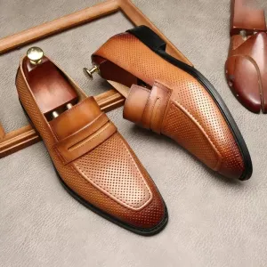 Italian Men's Oxford Dress Shoes, Genuine Leather Casual Square Toe Slip-On Formal Footwear, Available in Black and Coffee, Loafers for Men