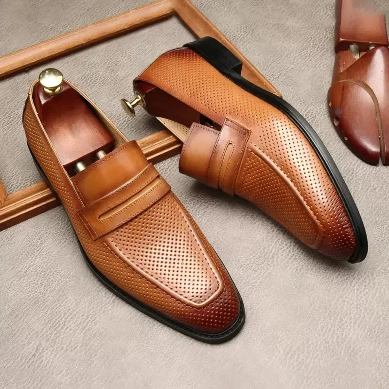 Italian Men's Oxford Dress Shoes, Genuine Leather Casual Square Toe Slip-On Formal Footwear, Available in Black and Coffee, Loafers for Men