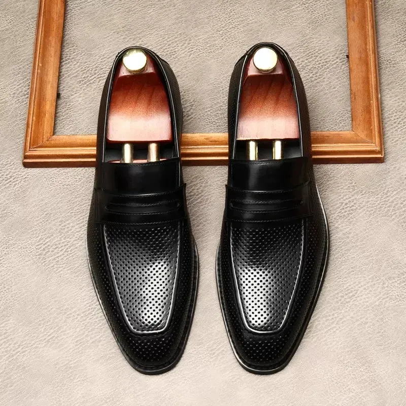 Italian Men's Oxford Dress Shoes, Genuine Leather Casual Square Toe Slip-On Formal Footwear, Available in Black and Coffee, Loafers for Men