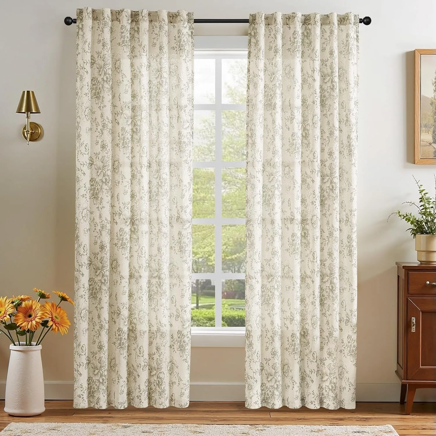 jinchan Linen Blend Curtains Floral Curtains for Living Room 84 Inch Length Sage Green Printed Curtain Rod Pocket Back Tab Farmhouse Peony Flower Patterned Drapes Bedroom Window Curtain Set 2 Panels