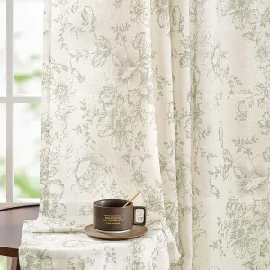 jinchan Linen Blend Curtains Floral Curtains for Living Room 84 Inch Length Sage Green Printed Curtain Rod Pocket Back Tab Farmhouse Peony Flower Patterned Drapes Bedroom Window Curtain Set 2 Panels