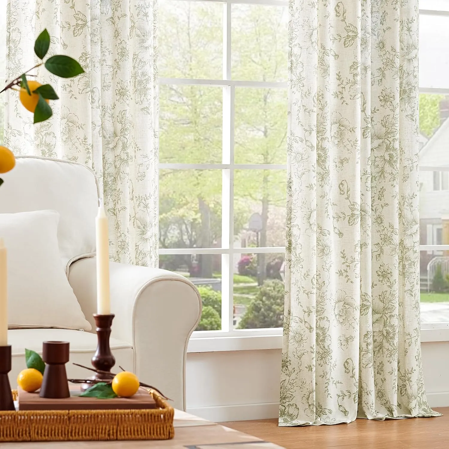 jinchan Linen Blend Curtains Floral Curtains for Living Room 84 Inch Length Sage Green Printed Curtain Rod Pocket Back Tab Farmhouse Peony Flower Patterned Drapes Bedroom Window Curtain Set 2 Panels