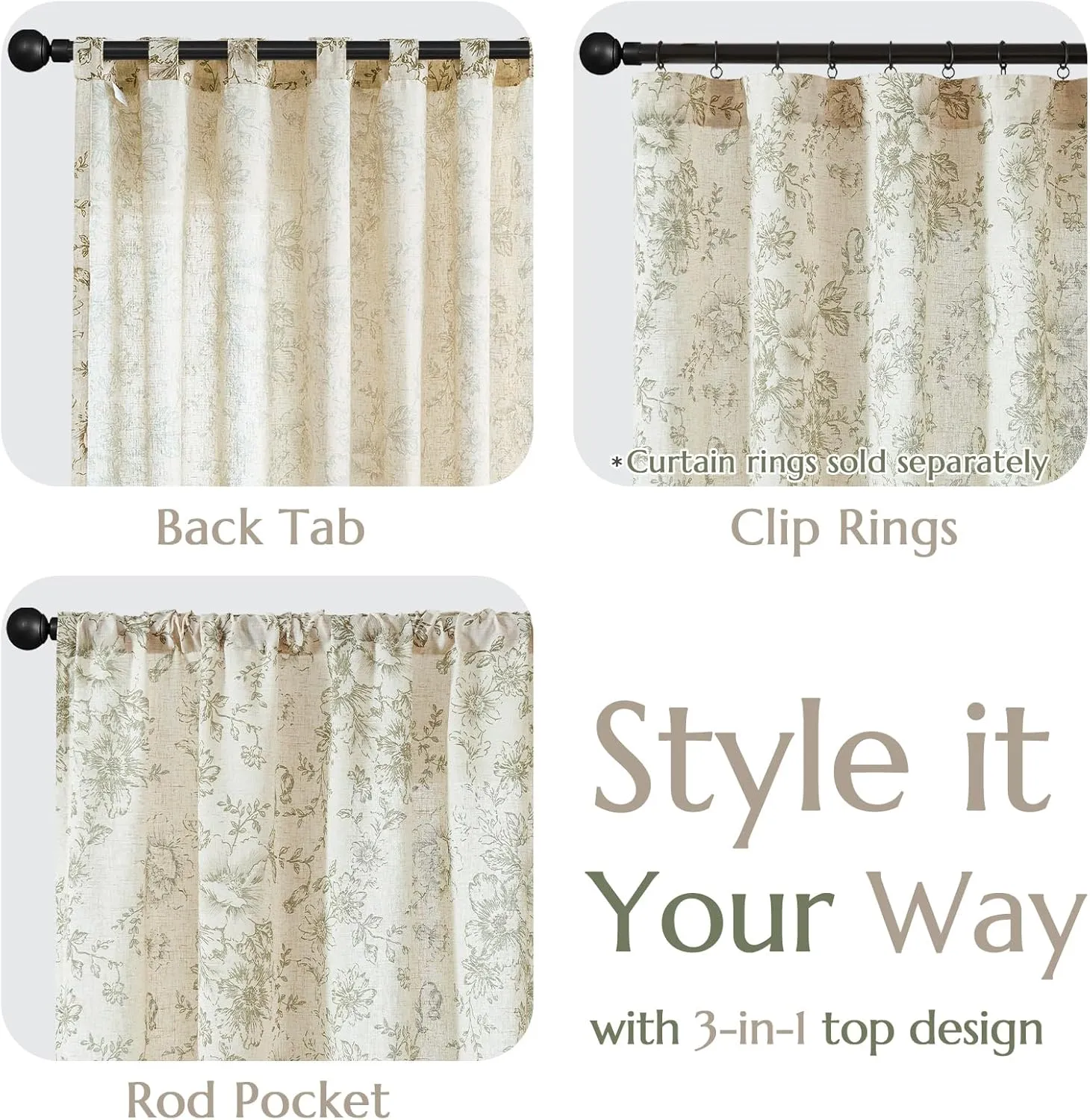 jinchan Linen Blend Curtains Floral Curtains for Living Room 84 Inch Length Sage Green Printed Curtain Rod Pocket Back Tab Farmhouse Peony Flower Patterned Drapes Bedroom Window Curtain Set 2 Panels