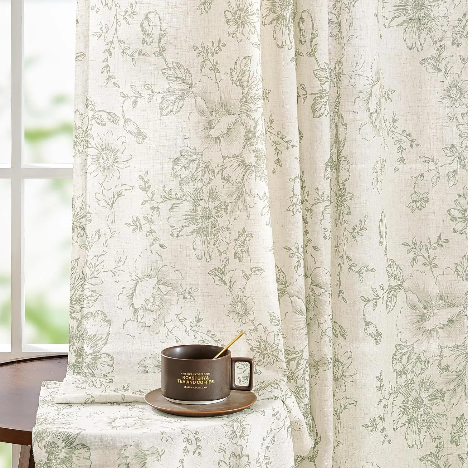jinchan Linen Blend Curtains Floral Curtains for Living Room 84 Inch Length Sage Green Printed Curtain Rod Pocket Back Tab Farmhouse Peony Flower Patterned Drapes Bedroom Window Curtain Set 2 Panels