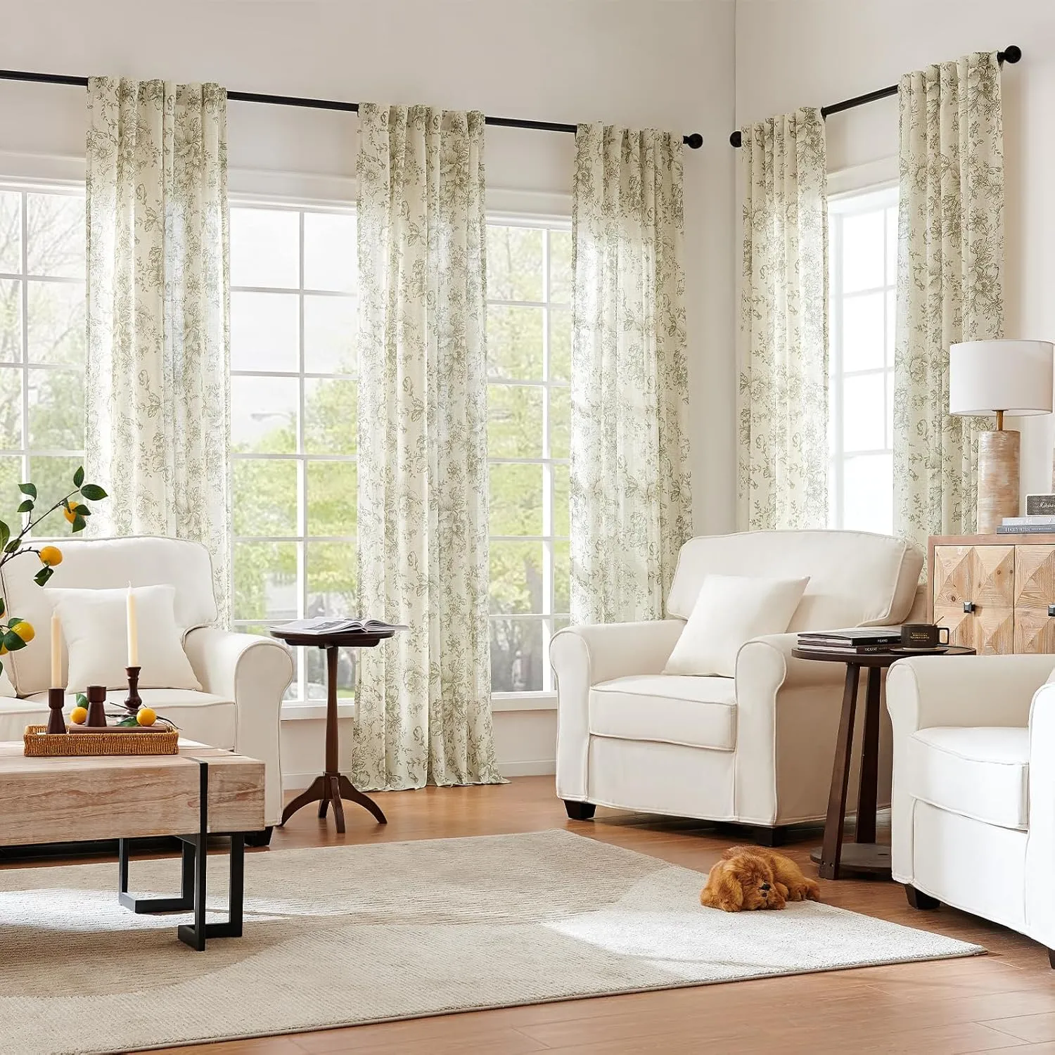 jinchan Linen Blend Curtains Floral Curtains for Living Room 84 Inch Length Sage Green Printed Curtain Rod Pocket Back Tab Farmhouse Peony Flower Patterned Drapes Bedroom Window Curtain Set 2 Panels