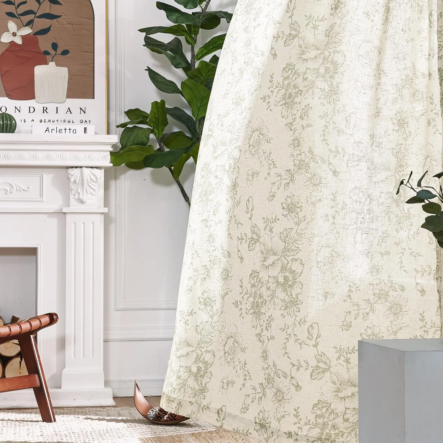 jinchan Linen Blend Curtains Floral Curtains for Living Room 84 Inch Length Sage Green Printed Curtain Rod Pocket Back Tab Farmhouse Peony Flower Patterned Drapes Bedroom Window Curtain Set 2 Panels