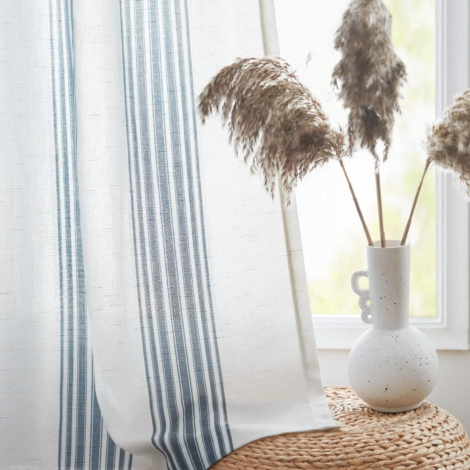 jinchan Striped Linen Blend Curtains 96 Inches Long for Living Room Blue Stripe Semi Sheer Light Filtering Modern Farmhouse Coastal Drapes for Bedroom Curtain Set 2 Panels