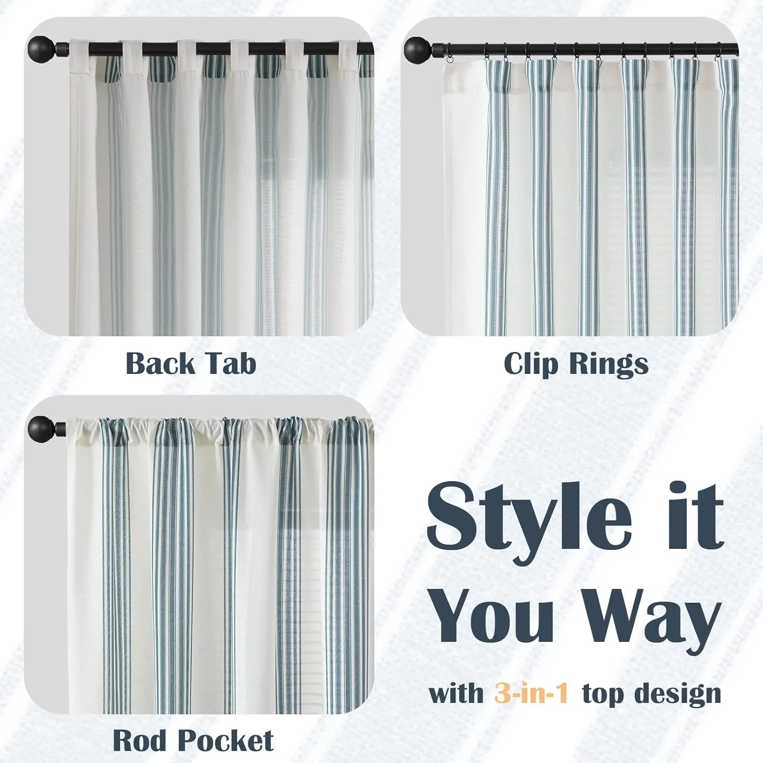 jinchan Striped Linen Blend Curtains 96 Inches Long for Living Room Blue Stripe Semi Sheer Light Filtering Modern Farmhouse Coastal Drapes for Bedroom Curtain Set 2 Panels