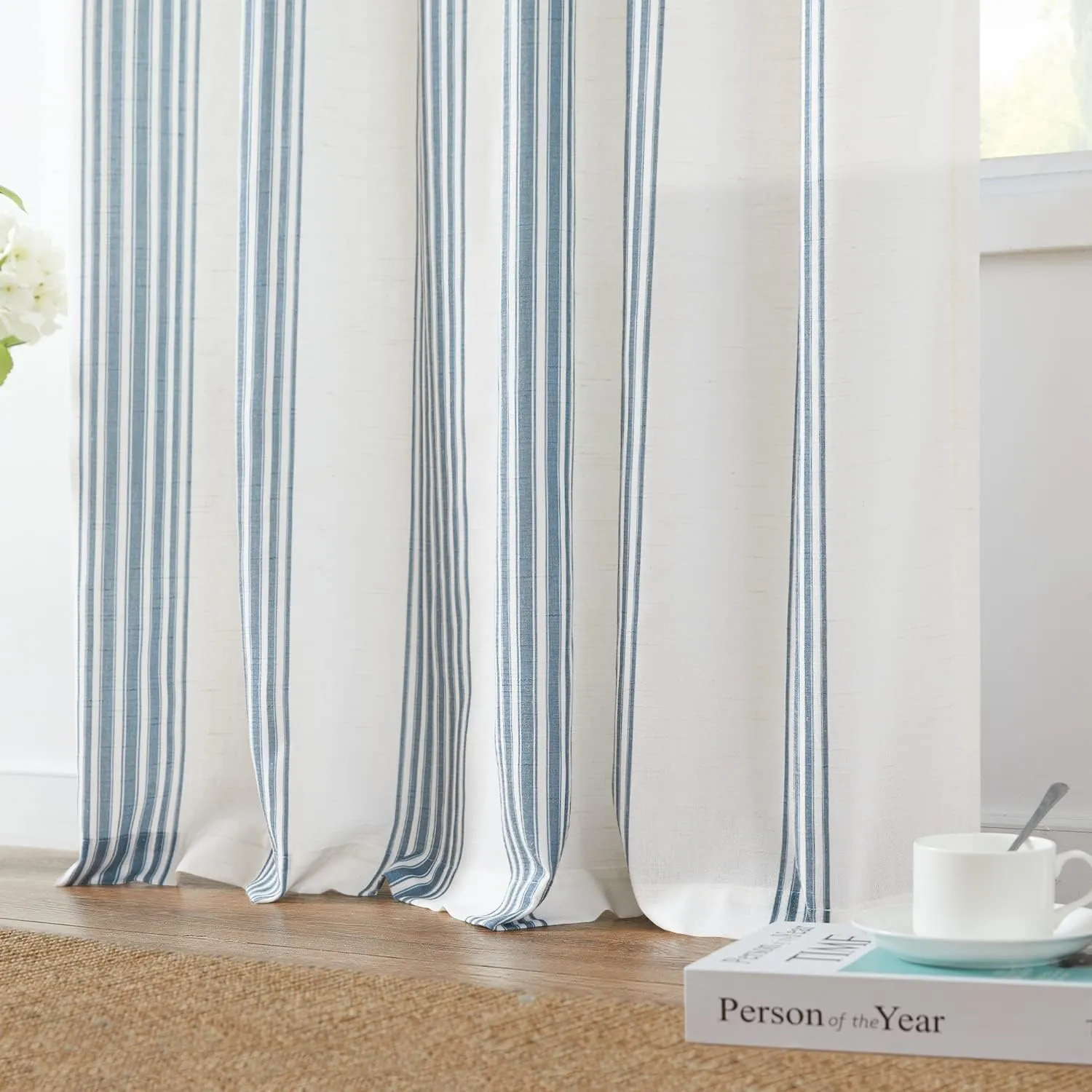 jinchan Striped Linen Blend Curtains 96 Inches Long for Living Room Blue Stripe Semi Sheer Light Filtering Modern Farmhouse Coastal Drapes for Bedroom Curtain Set 2 Panels