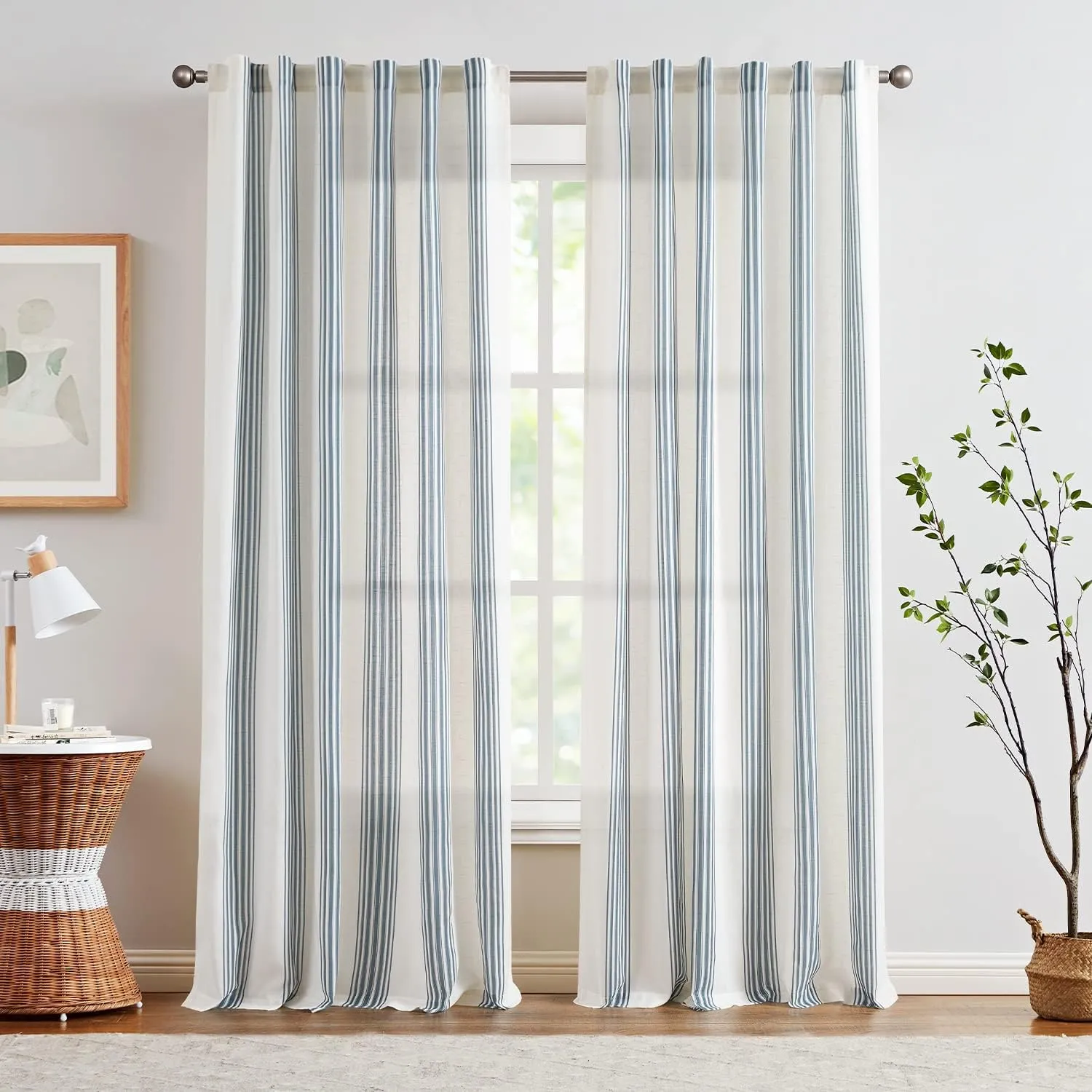 jinchan Striped Linen Blend Curtains 96 Inches Long for Living Room Blue Stripe Semi Sheer Light Filtering Modern Farmhouse Coastal Drapes for Bedroom Curtain Set 2 Panels