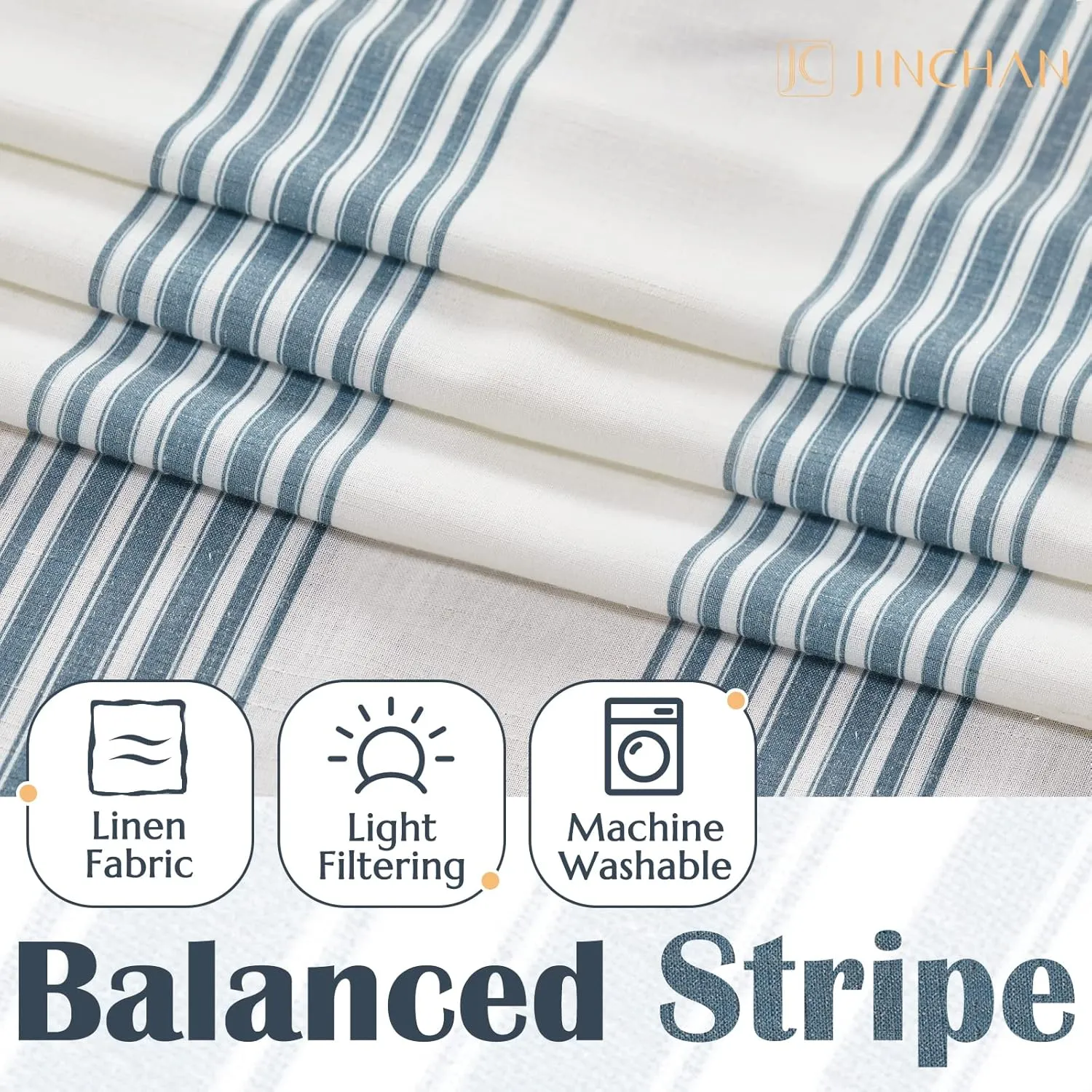 jinchan Striped Linen Blend Curtains 96 Inches Long for Living Room Blue Stripe Semi Sheer Light Filtering Modern Farmhouse Coastal Drapes for Bedroom Curtain Set 2 Panels