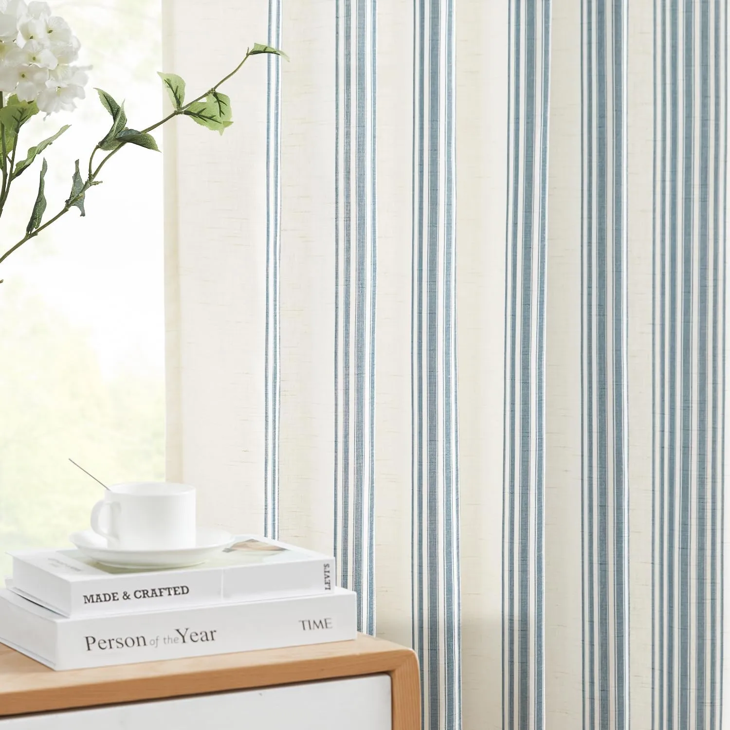 jinchan Striped Linen Blend Curtains 96 Inches Long for Living Room Blue Stripe Semi Sheer Light Filtering Modern Farmhouse Coastal Drapes for Bedroom Curtain Set 2 Panels