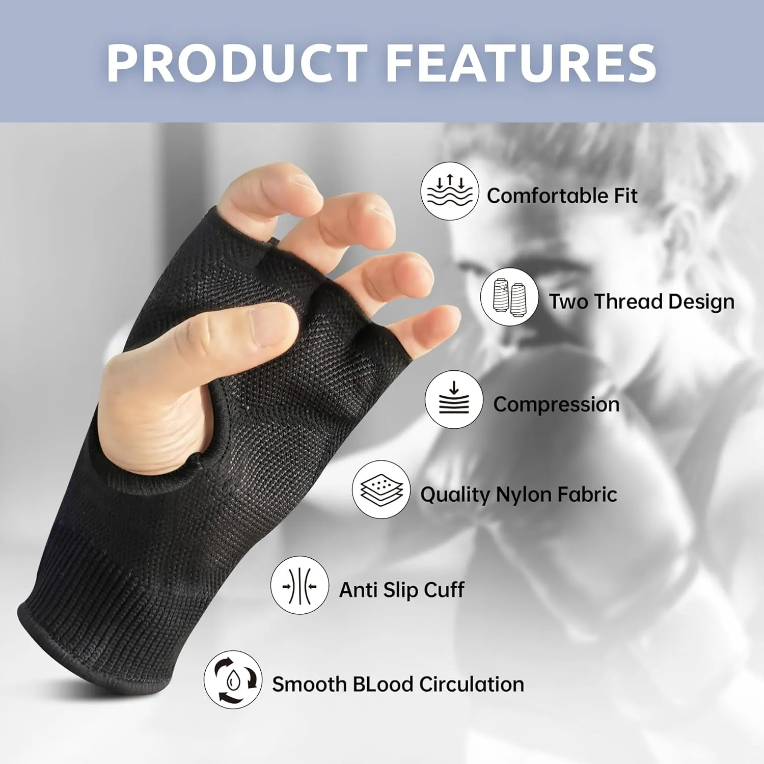 JPP Boxing Hand Wraps Inner Gloves Men Women, Half Finger Elasticated Bandages, Under Mitts Fist Protection, Muay Thai, Kickboxing, MMA, Martial Arts Speed Bag Punching Training
