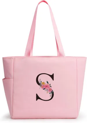 KALIDI Personalized Beach Tote Bag, Initial Alphabet Gift Zipper Grocery Bag for Mom Teacher Friend Wedding Daily Shopping