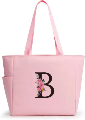 KALIDI Personalized Beach Tote Bag, Initial Alphabet Gift Zipper Grocery Bag for Mom Teacher Friend Wedding Daily Shopping