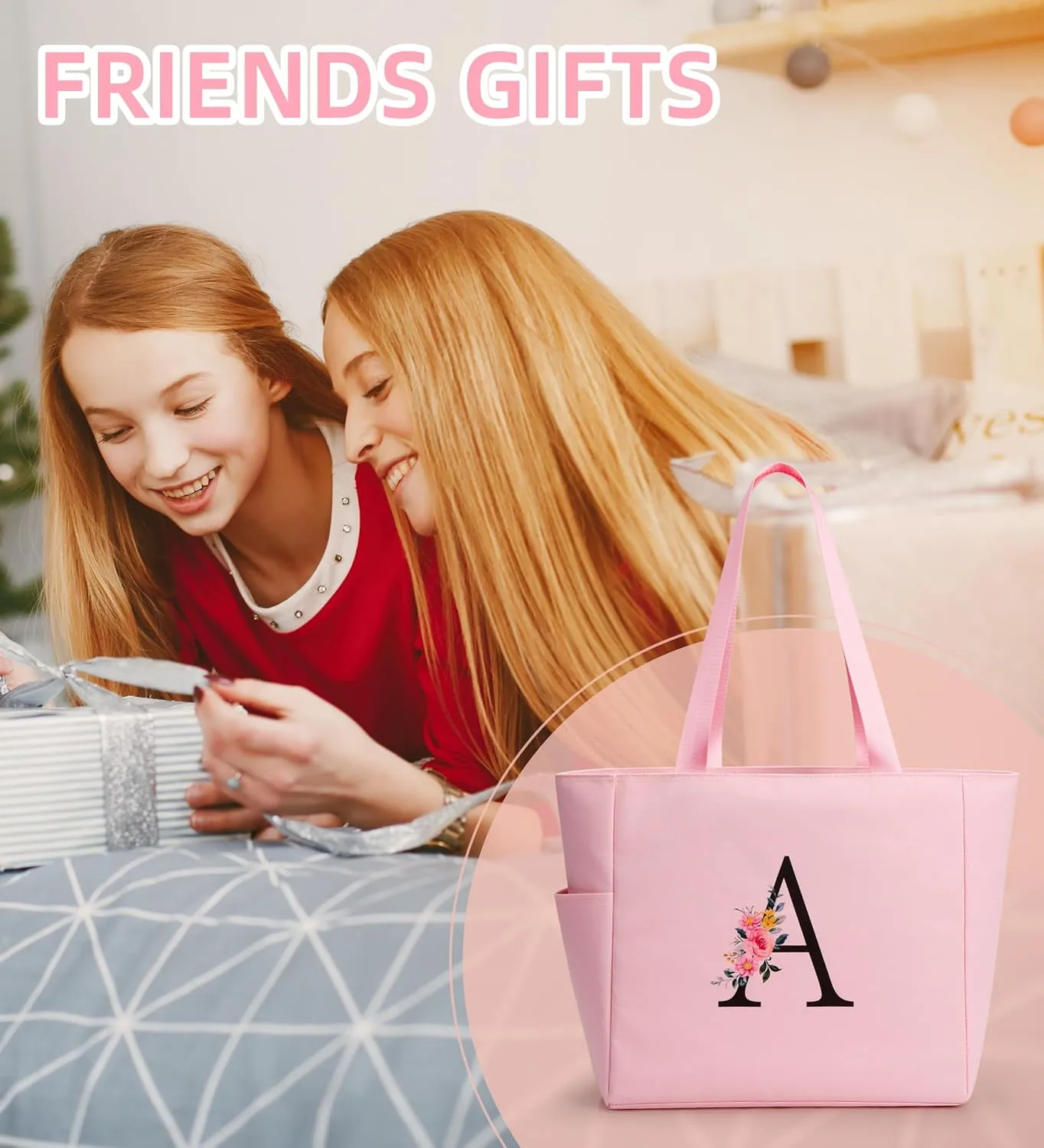 KALIDI Personalized Beach Tote Bag, Initial Alphabet Gift Zipper Grocery Bag for Mom Teacher Friend Wedding Daily Shopping
