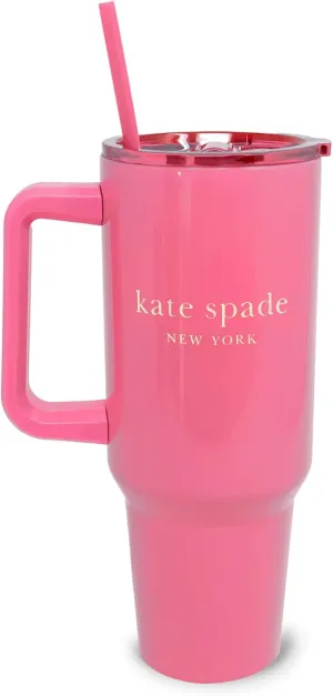 kate spade new york 40 Ounce Tumbler with Handle and Straw, Cupholder Friendly, Double Wall Stainless Steel Insulated Cup, Pink