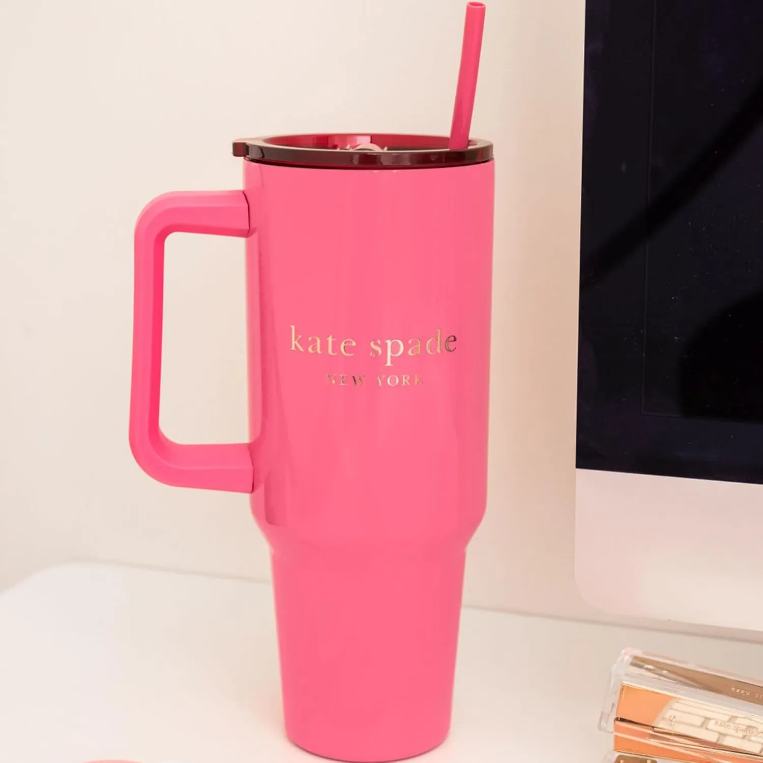 kate spade new york 40 Ounce Tumbler with Handle and Straw, Cupholder Friendly, Double Wall Stainless Steel Insulated Cup, Pink
