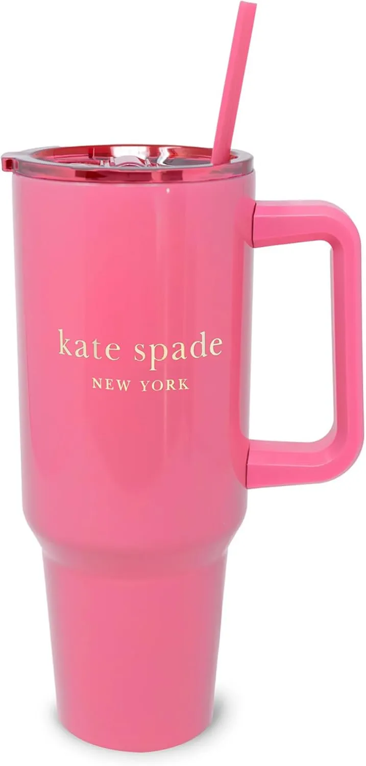 kate spade new york 40 Ounce Tumbler with Handle and Straw, Cupholder Friendly, Double Wall Stainless Steel Insulated Cup, Pink