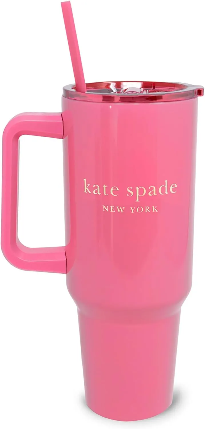 kate spade new york 40 Ounce Tumbler with Handle and Straw, Cupholder Friendly, Double Wall Stainless Steel Insulated Cup, Pink