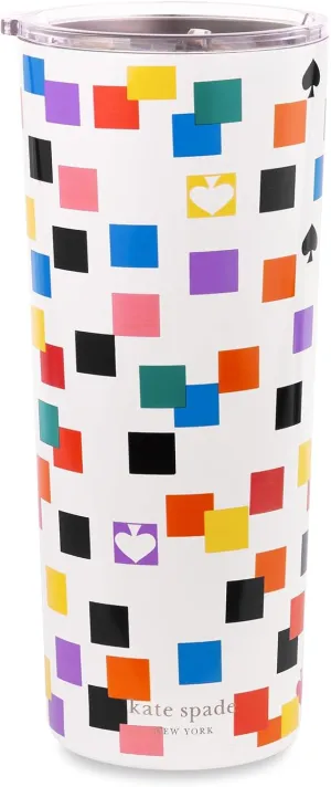 kate spade new york Cute Stainless Steel Mug, 24 Ounce Travel Tumbler, Double Wall Insulated Cup with Lid, Scattered Checks