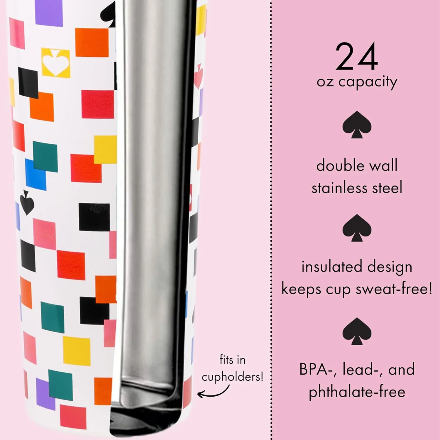 kate spade new york Cute Stainless Steel Mug, 24 Ounce Travel Tumbler, Double Wall Insulated Cup with Lid, Scattered Checks