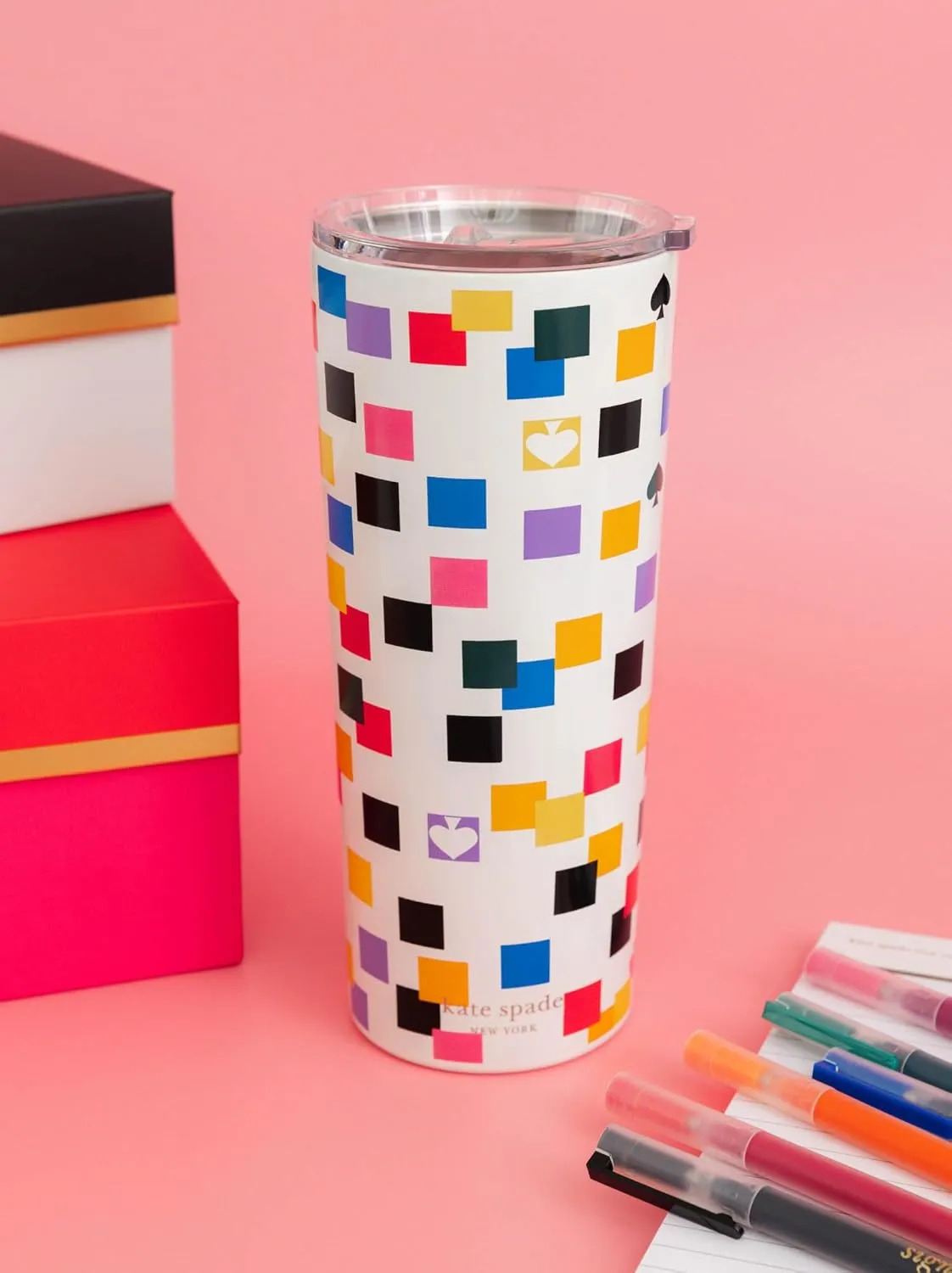 kate spade new york Cute Stainless Steel Mug, 24 Ounce Travel Tumbler, Double Wall Insulated Cup with Lid, Scattered Checks