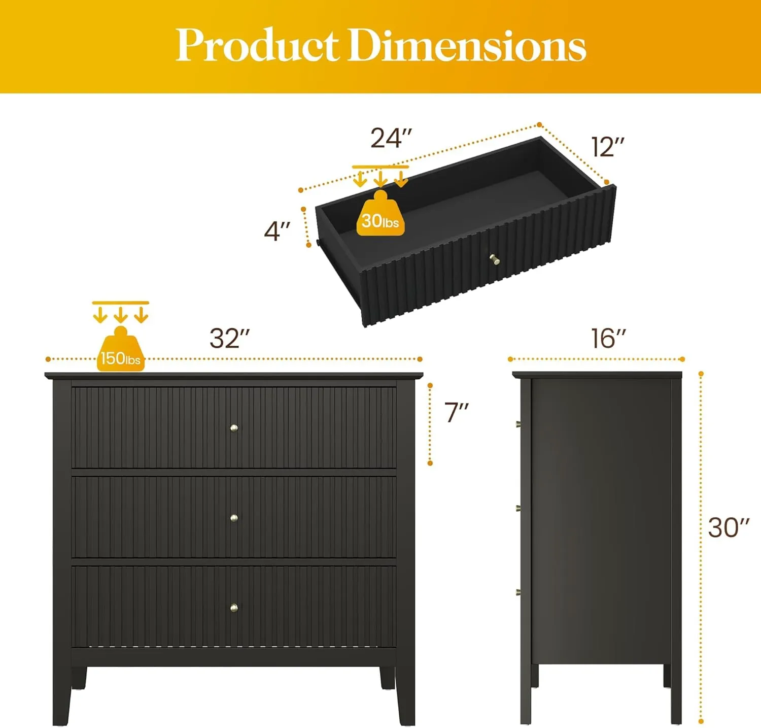 Large Black Fluted 3 Drawer Dresser Set of 2, Chest of Drawers with Ball Bearing Slide Modern 30 inch Tall Wood Nightstand with Spacious Storage for Bedroom Hallway Living Room Entryway