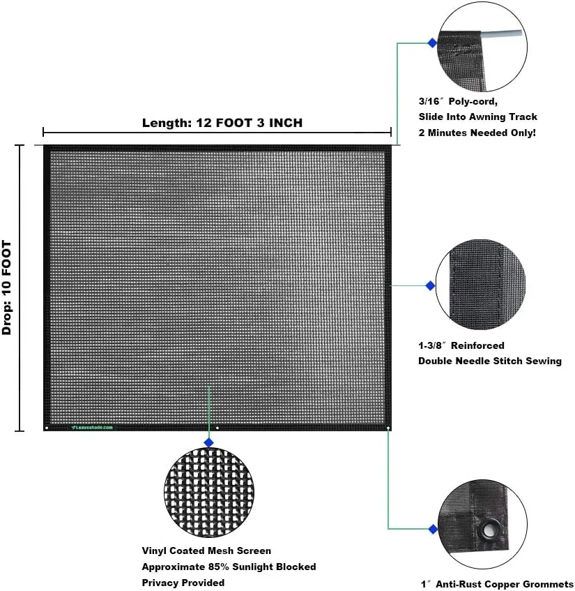 Leaveshade RV Awning Sun Shade Screen 10' X 12' 3''(Fit for 13' Awning) Mesh Sunshade Block Front Sun Galary Motorhome Camping Trailer Awning Shadescreen Sunscreen - 3 Year Warranty (Black)