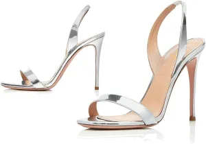LEHOOR Women Slingback Stiletto Heels Dress Sandals Backless Strappy Heeled Sandal Round Open Toe Formal Sandals 4 Inch High Heel Elastic Ankle Strap Classy Evening Sandals for Wedding Party 4-11 M US