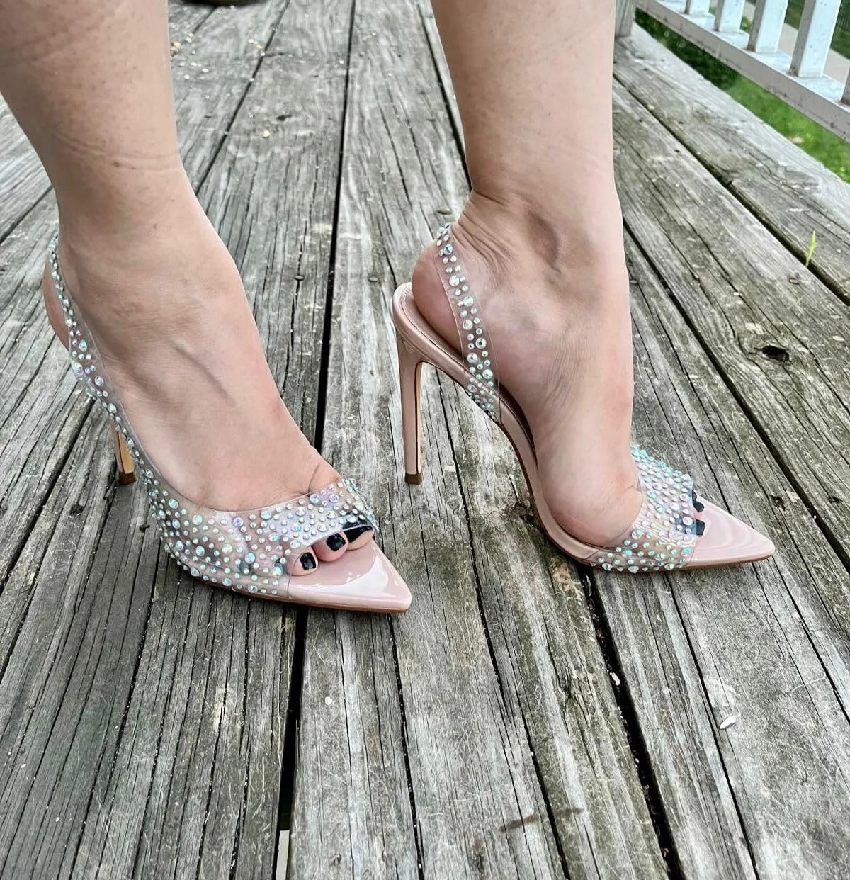 Liliana Women Rhinestone Slingback Pointy Heel Sandal With Clear Strap