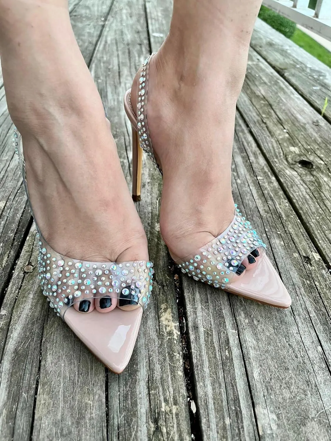 Liliana Women Rhinestone Slingback Pointy Heel Sandal With Clear Strap