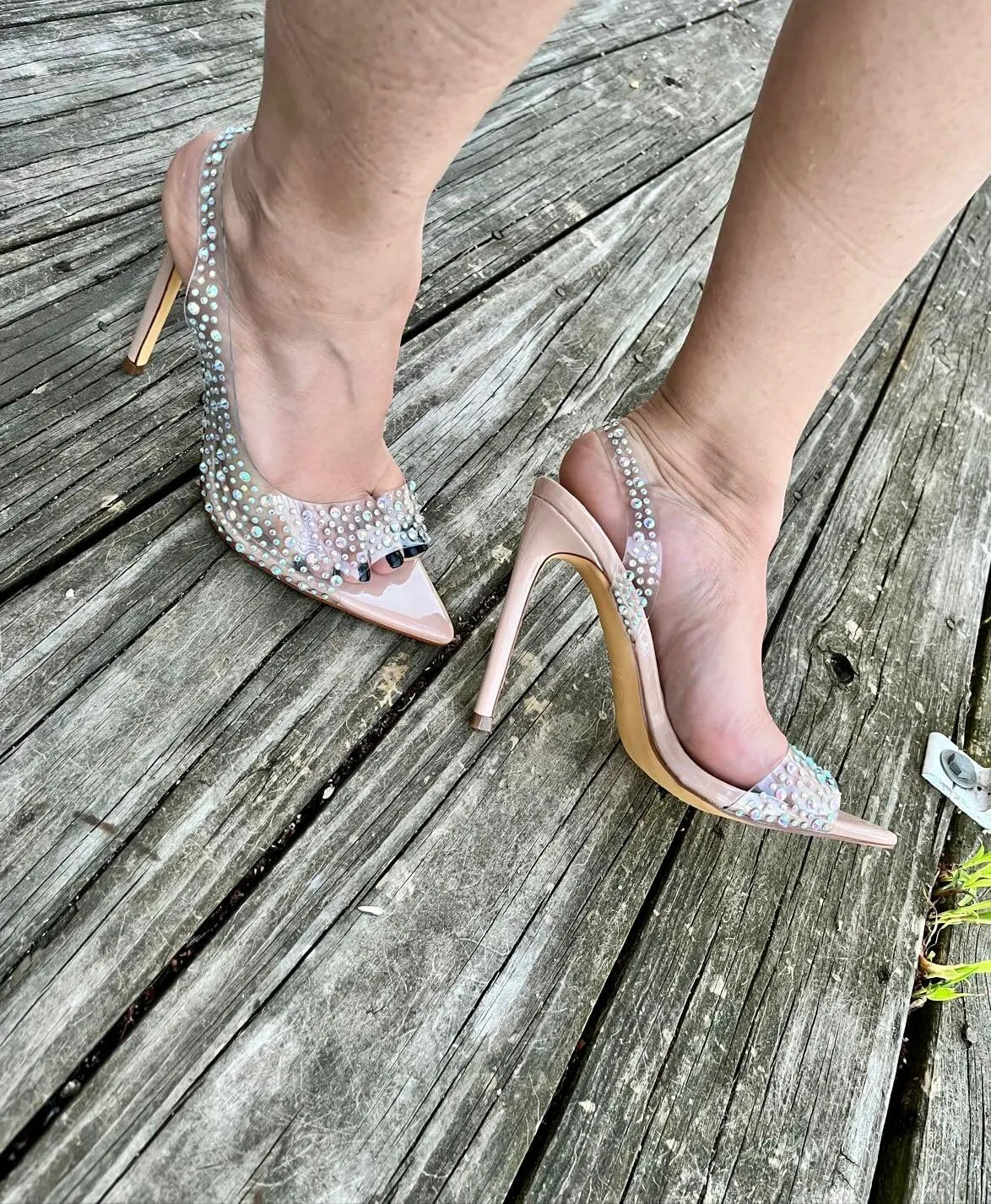 Liliana Women Rhinestone Slingback Pointy Heel Sandal With Clear Strap