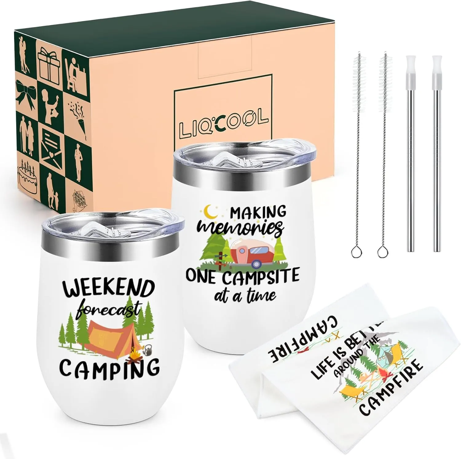 LiqCool - 2 Pack Camping Tumblers with Kitchen Towel Set, Cool Camping Gifts for Men, Women, Couples, Outdoor Gifts for Picnics, Hiking, RV Campers, Birthday, Christmas 12 Oz