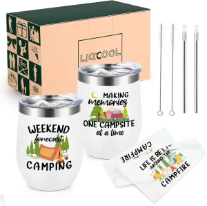 LiqCool - 2 Pack Camping Tumblers with Kitchen Towel Set, Cool Camping Gifts for Men, Women, Couples, Outdoor Gifts for Picnics, Hiking, RV Campers, Birthday, Christmas 12 Oz