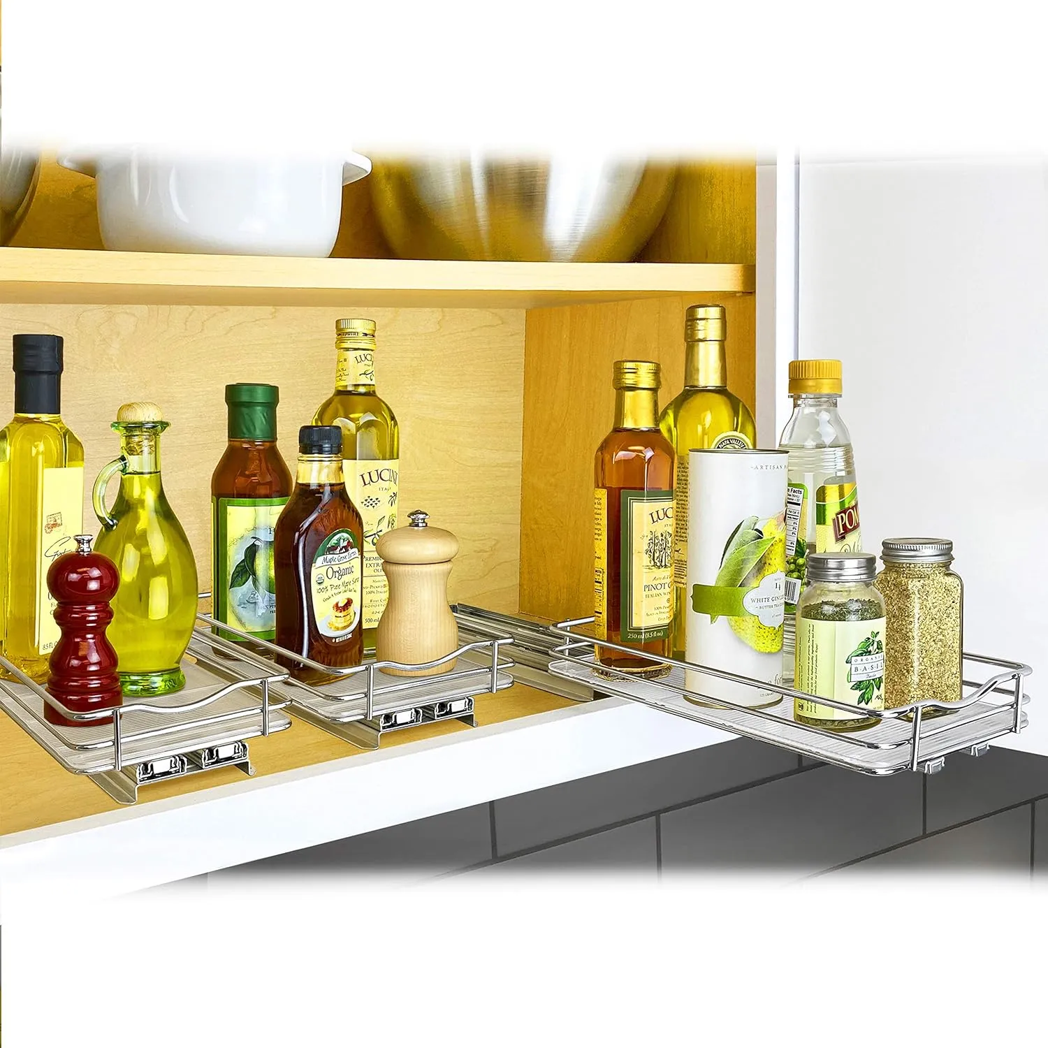 LYNK PROFESSIONAL® Pull Out Spice Rack Organizer for Inside Kitchen Cabinets - 6-1/4 inch Wide - Slide Out Drawer – Chrome Sliding Spice Cabinet Organization Shelf Racks - 1 Tier