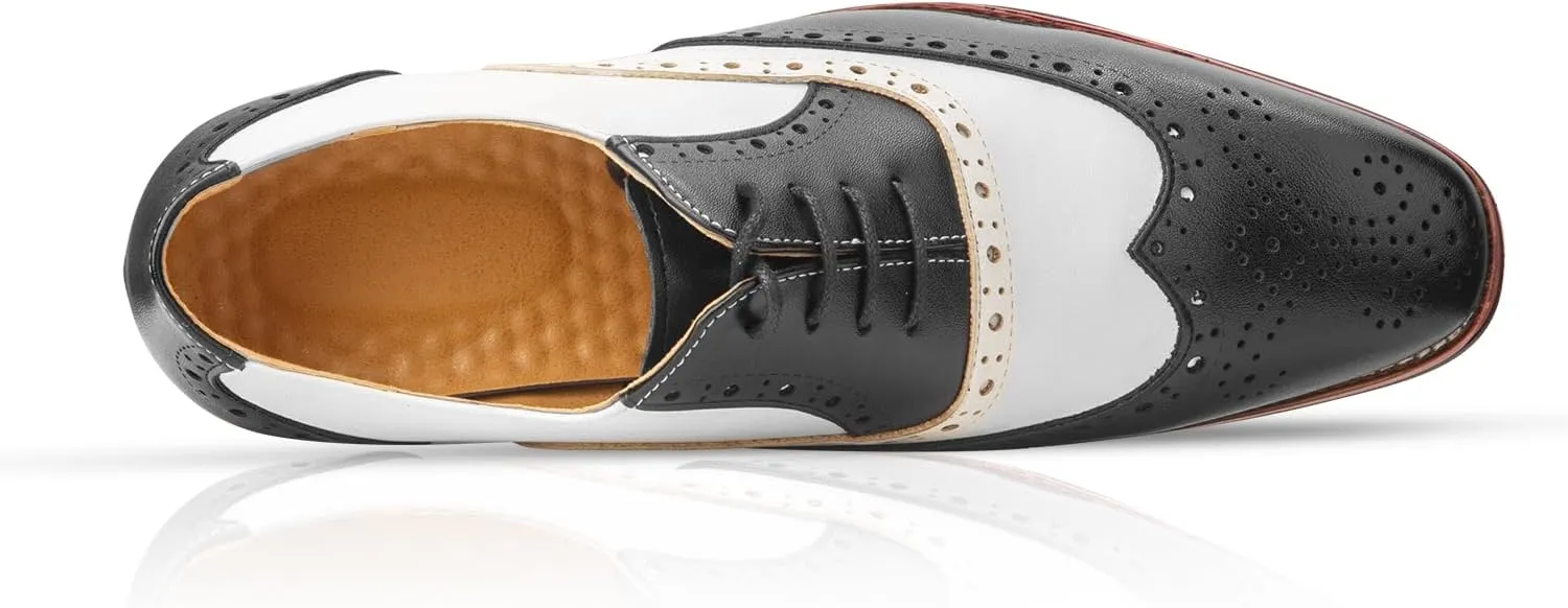 Men Dress Shoes Black and White Wingtip Tow Tone Oxford Shoes