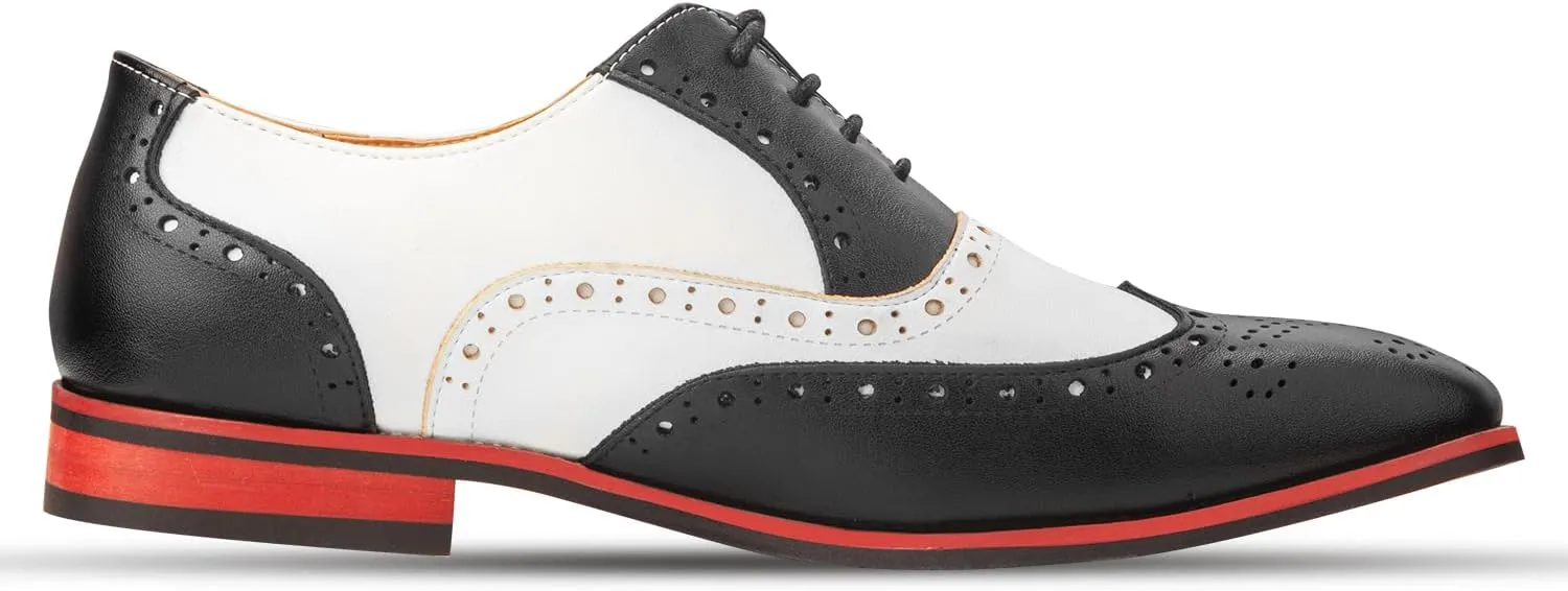 Men Dress Shoes Black and White Wingtip Tow Tone Oxford Shoes