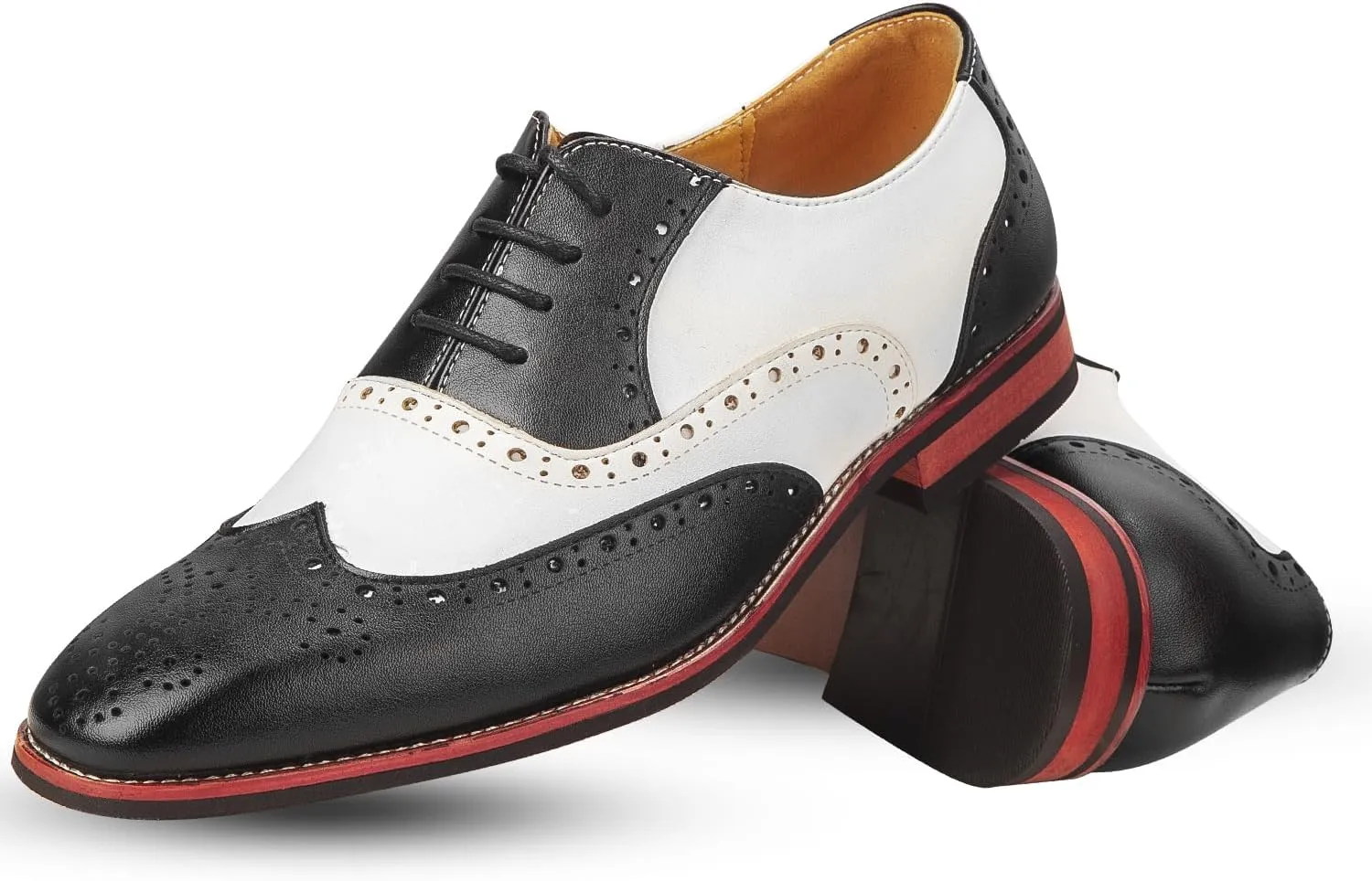 Men Dress Shoes Black and White Wingtip Tow Tone Oxford Shoes