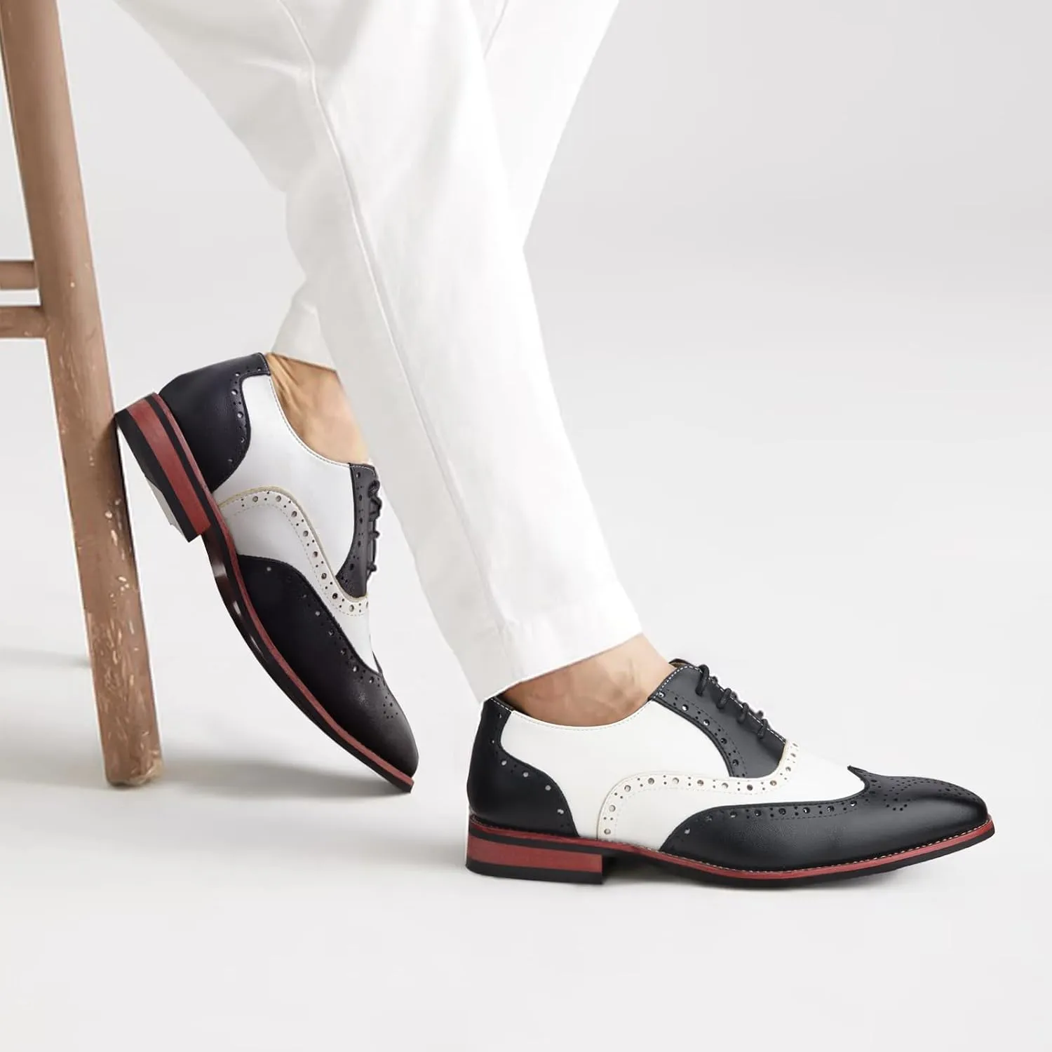 Men Dress Shoes Black and White Wingtip Tow Tone Oxford Shoes