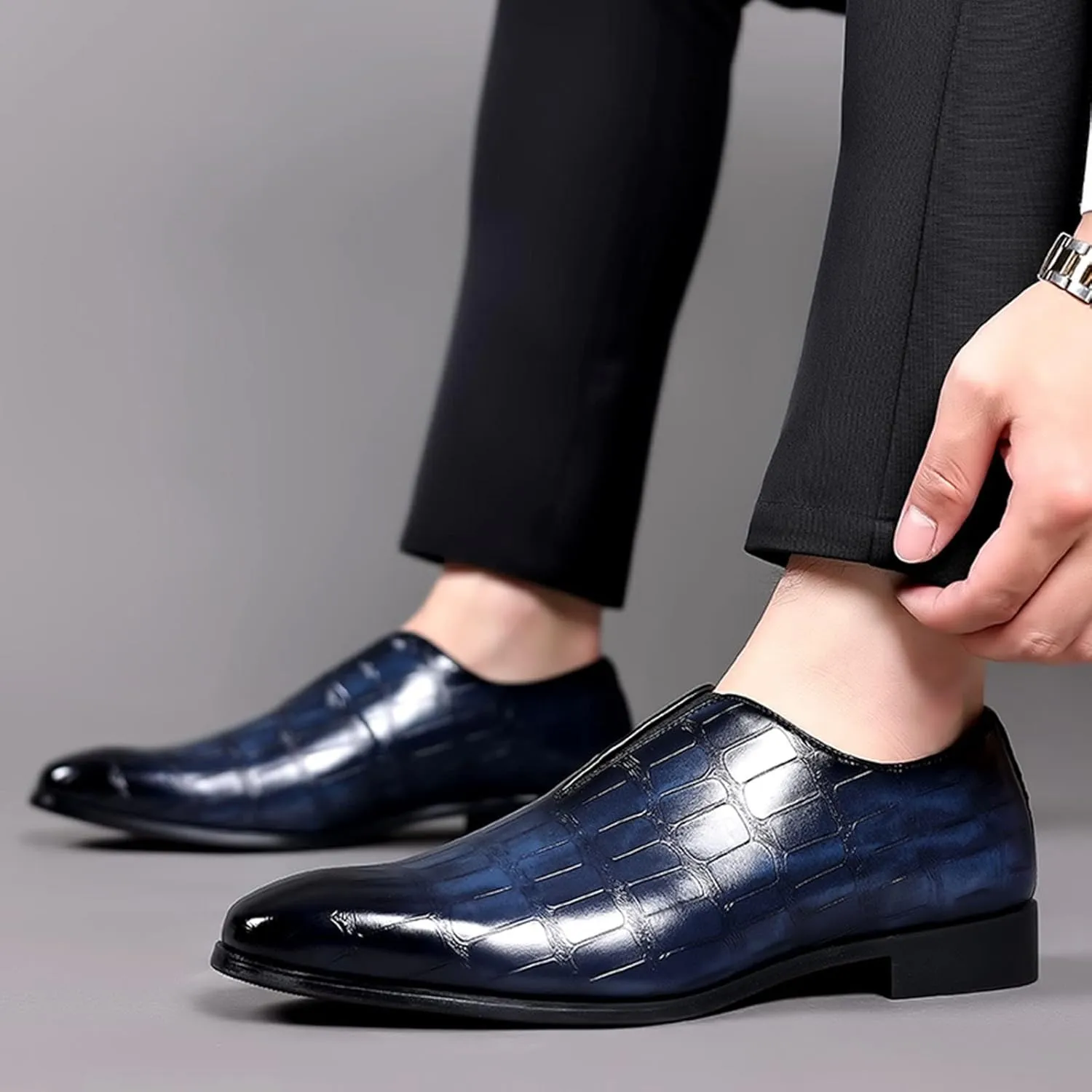 Mens Leather Boots Classical Style Shoes for Men Slip On PU Leather Low Rubber Sole Block Heel Work Feet Men