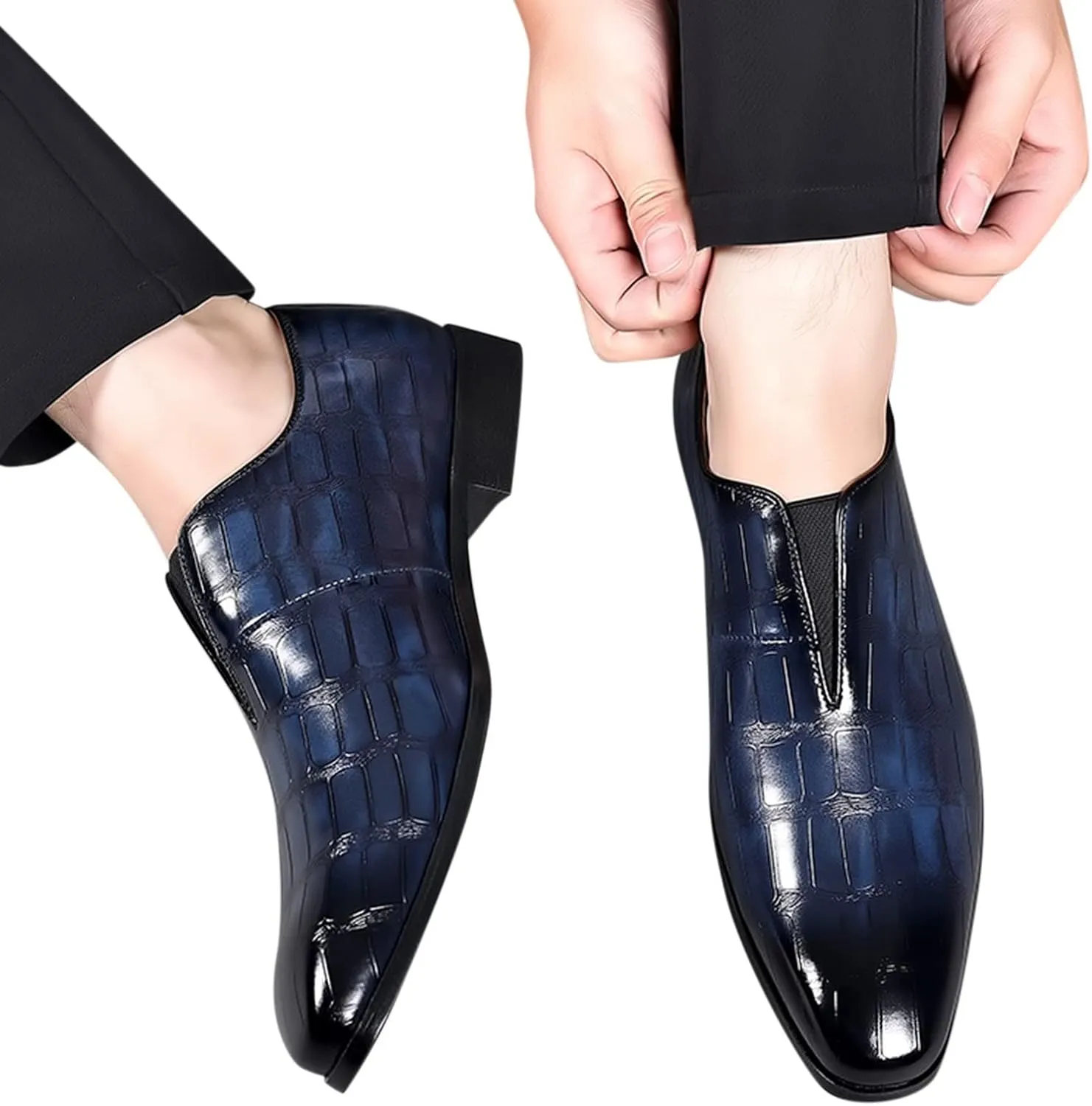 Mens Leather Boots Classical Style Shoes for Men Slip On PU Leather Low Rubber Sole Block Heel Work Feet Men