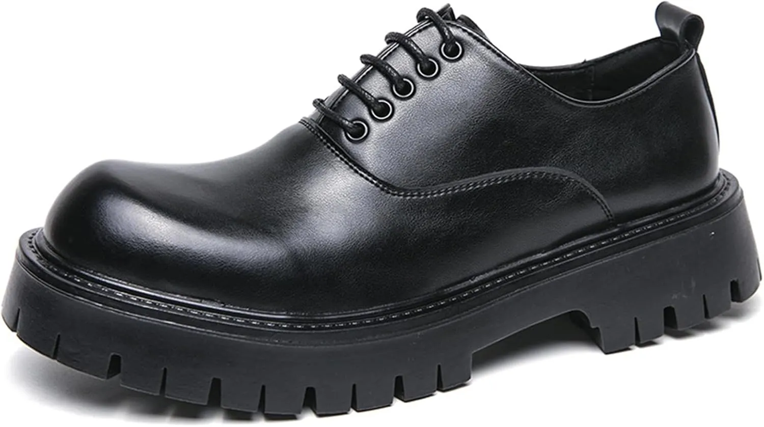 Men's Polishing Leather Lace-Up Chunky Heels Oxfords Lug Sole Fashion Round Toe Formal Business Shoes Comfortable Non-Slip Walking Sneakers